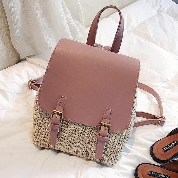 

outdoor bags leather cover backpack casual fashion straw woven bag beach women's