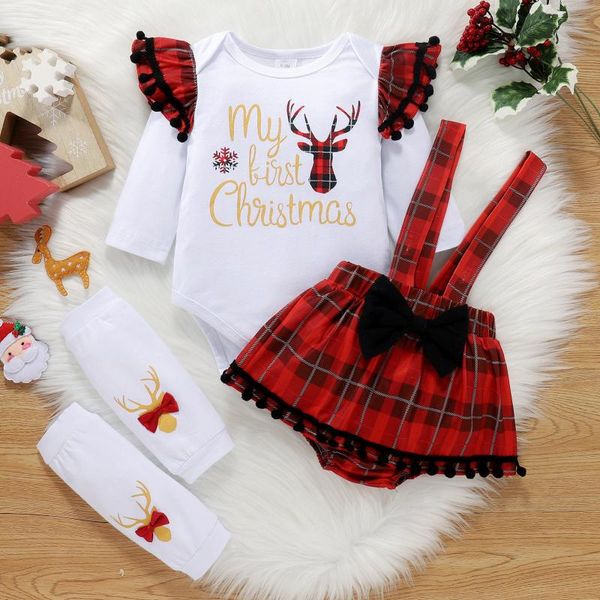 

clothing sets 3m-18m infant baby girls christmas xmas deer letter printed romper+tassels plaid suspender shorts outfits bodysuit, White