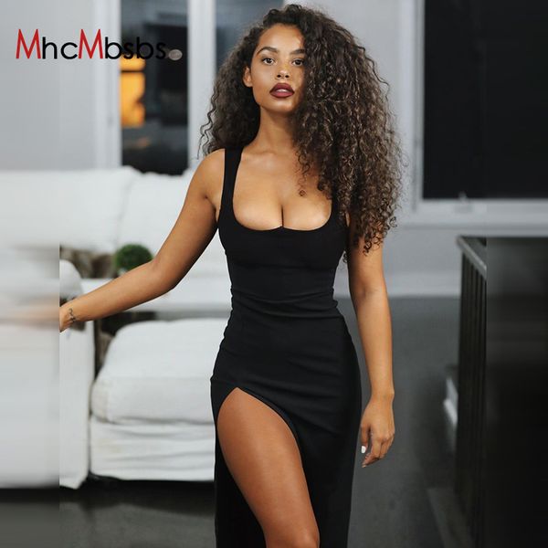 

women elegant maxi dress black high split sleeveless backless club party bodycon vestido robe summer gothic clothes 210517, Black;gray