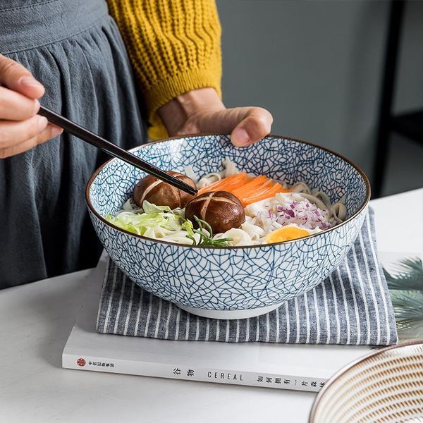 

bowls 8-inch creative japanese noodle bowl ceramic stripe design big soup restaurant home retro tableware glass