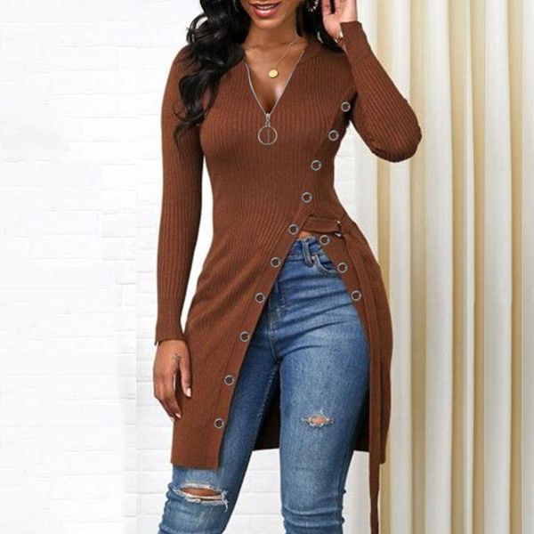 

women's blouses & shirts women zipper v neck split blouse shirt 2021 autumn long sleeve slim female pullover casual solid femme blu, White