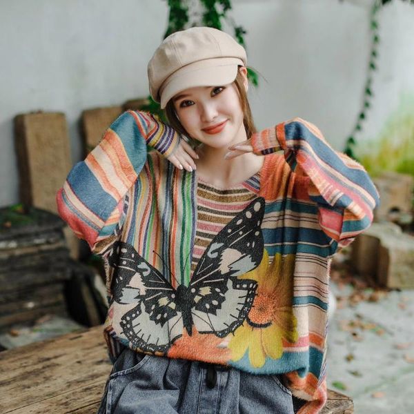 

women large size sweater autumn winter retro knitting loose all-match 2021 casual print ladies women's sweaters, White;black