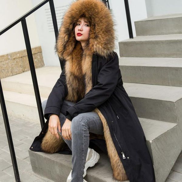

women's fur & faux genuine muskrat parkas women jacket autumn winter long warm fashion detachable coat outwear, Black