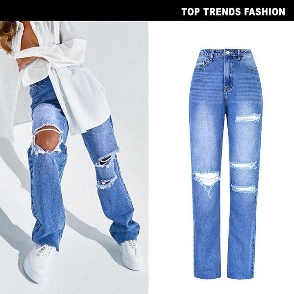 

american women's high waist straight jeans loose daddy pants washed street hole spring and autumn radish, Blue
