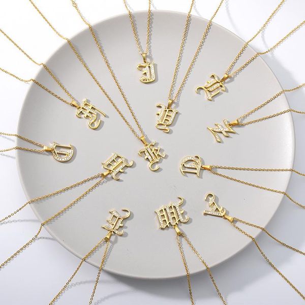 

pendant necklaces minimalist stainless steel necklace engraved old english initial letter gold rhinestone alphabet charms choker, Silver