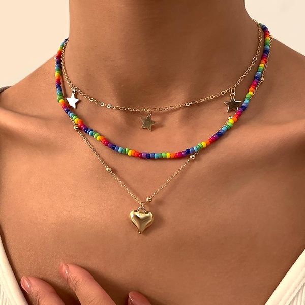 

pendant necklaces shixin bohemia rainbow beads choker necklace for women vintage star heart pendants fashion neck jewelry 2021, Silver