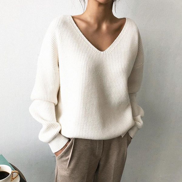 

women's sweaters female knited korean sweater women v neck long sleeve irregular hem oversized, White;black