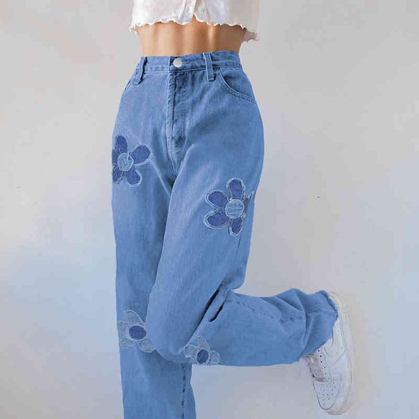 

women's jeans summer new floral patchwork casual vintage women high waist denim pants capris fashion elegant trousers ladies 3965, Blue