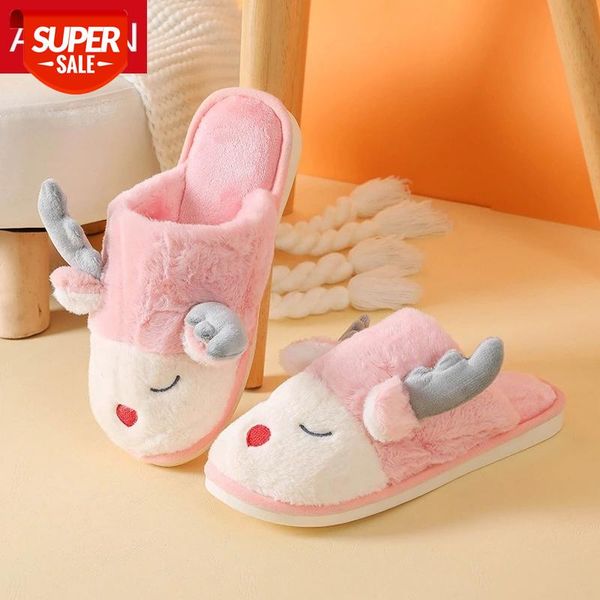 

asifn cute cartoon cotton slippers with fur women winter indoor warmth cute deer home fluffy men flock slippers women shoes #0v27, Black