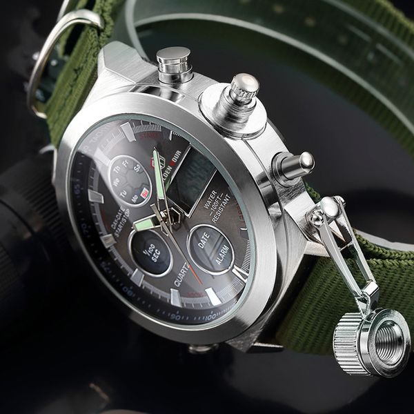 

goldenhour fashion men army military watch mens nylon strap sport quartz wristwatches dual display waterproof calendar relogi 210517, Slivery;brown