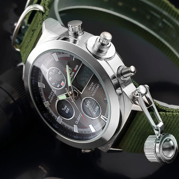 GOLDENHOUR Moda Uomo Esercito Militare Orologio da uomo Cinturino in nylon Sport Orologi da polso al quarzo Doppio display Calendario impermeabile Relogi 210517