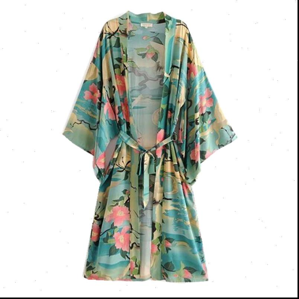 

bohemian v neck crane lotus womens blouses flower print kimono ethnic lacing up with sashes long cardigan loose blouse, White