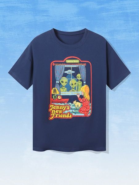

romwe x stevenrhodes letter alien figure graphic tee 38kf#, White