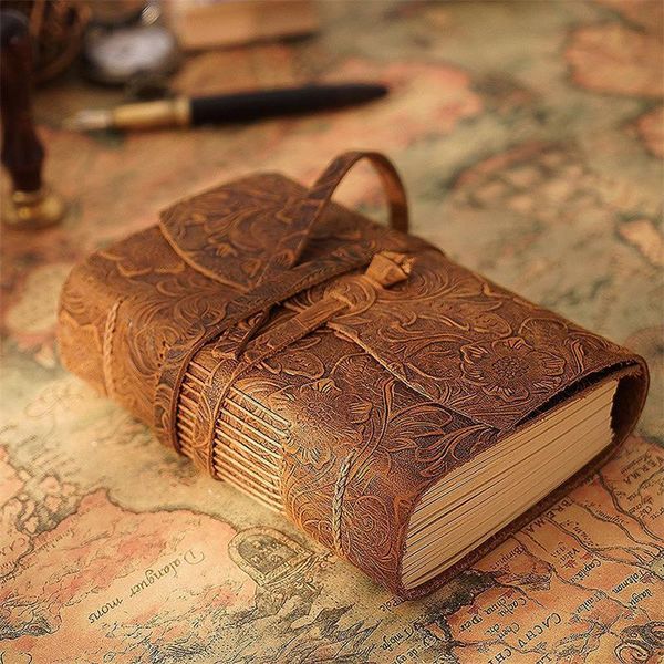 

handmade leather notebook brown thick travel diary blank kraft paper tie rope sketchbook back to school gift engraving pattern notepads, Purple;pink