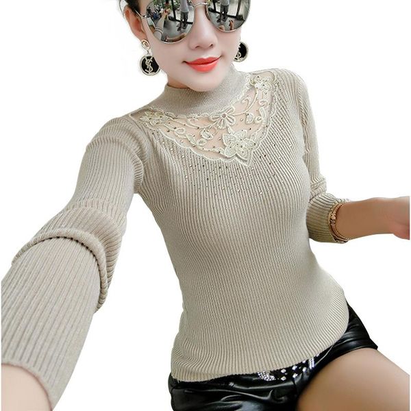 

women's sweaters fashion lace embroidery half turtleneck women and pullovers 2021 autumn winter elasticity slim knitted sweter mujer, White;black