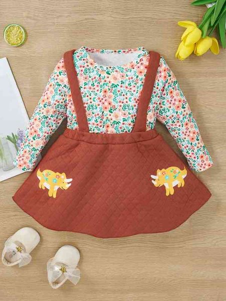 

baby floral print tee & dinosaur print quilted pinafore skirt she, White