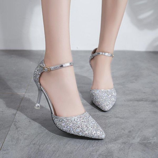 

elegant ladies shinning glitter gold silver pumps pointed toe high heels ankle strap wedding party shoes woman dress, Black