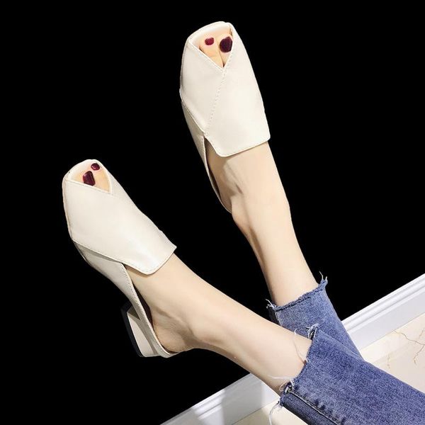 

peep toe outside fashion mature concise slides women med square heel shallow solid slippers slip-on summer ladies shoes, Black