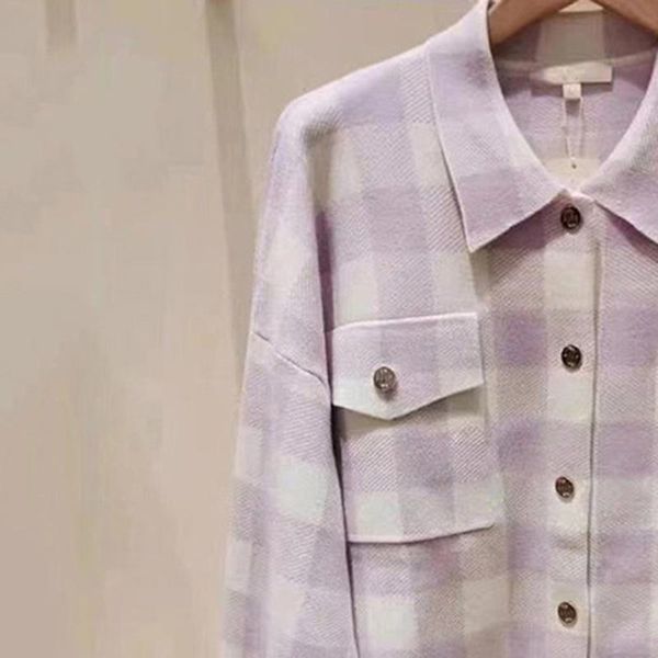 

women's jackets patads french knitted cardigan 21 spring / summer small fragrance loose square plaid shirt coat, Black;brown