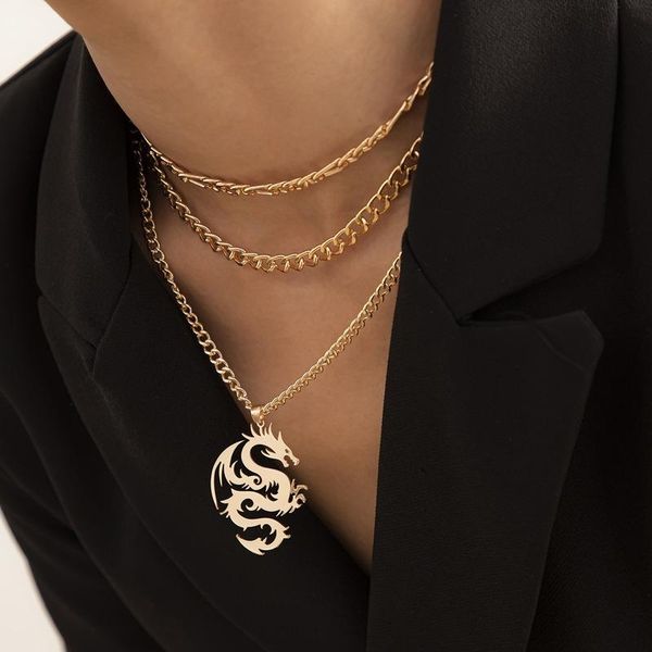 

pendant necklaces orgin summer high street multilayer dragon shape necklace for women hiphop chunky chain party gifts jewelry accessories, Silver