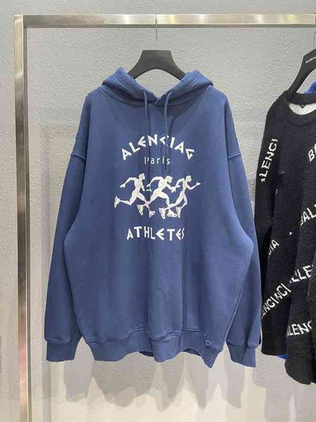 

designer selling trendy brand balencia22ga fashion front paris running men print plush thickened hoodie men and women hooded sweater hip hop, Black