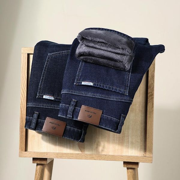 

men's jeans winter men's fashion fleece classic trend all-match loose-fitting casual pants male high-end brand stretch denim trouse, Blue