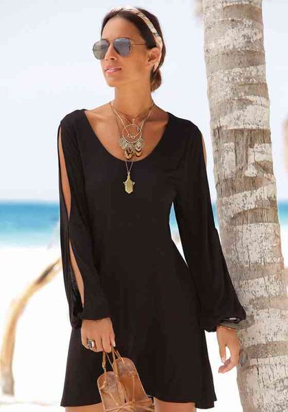 

summer beach hollow out lantern sleeve v neck dress casual solid straight dress elegant party mini dresses, Black;gray