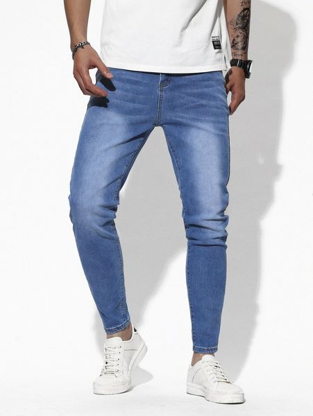 

men slant pocket skinny jeans w26e#, Blue