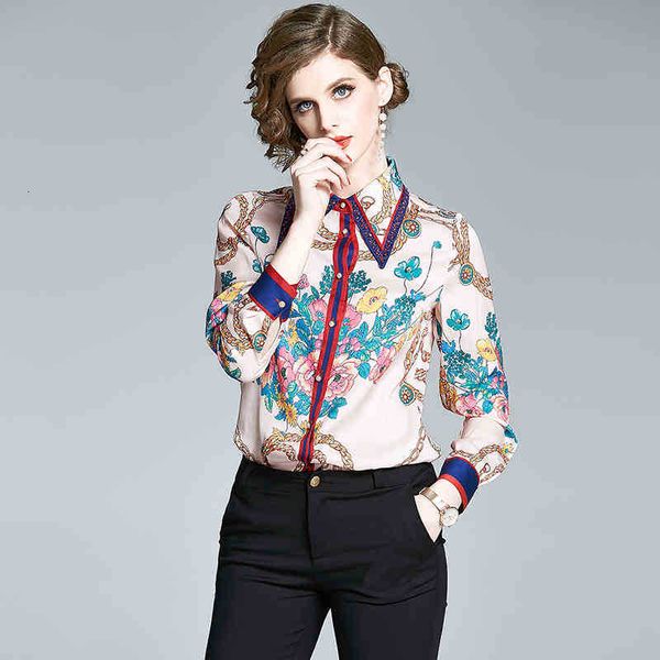 

women's t-shirt spring autumn elegant women shirts blouse vintage chain flower print long sleeve female streetwear runway des jw8y, White