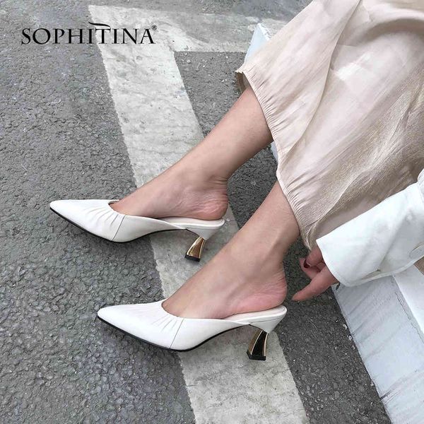 

sophitina fashion women pumps pleated design 6.5cm strange heel slingbacks sheepskin shoes mature pumps so417 210513, Black