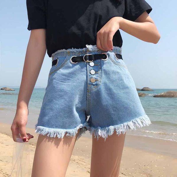

women's jeans summer korean fashion wild casual high waist tie pants female loose wide leg denim shorts tide, Blue