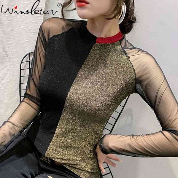

women's t-shirt spring fall european clothes fashion color matching patchwork mesh shiny bright gold ropa mujer tees t00, White