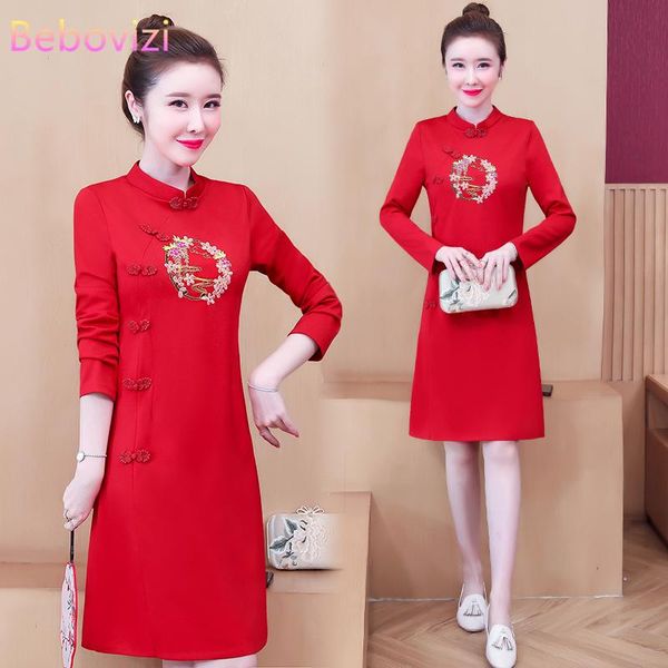 

ethnic clothing plus size -4xl fashion red embroidery vintage party cheongsam dress for women long sleeve qipao traditional chinese clothes