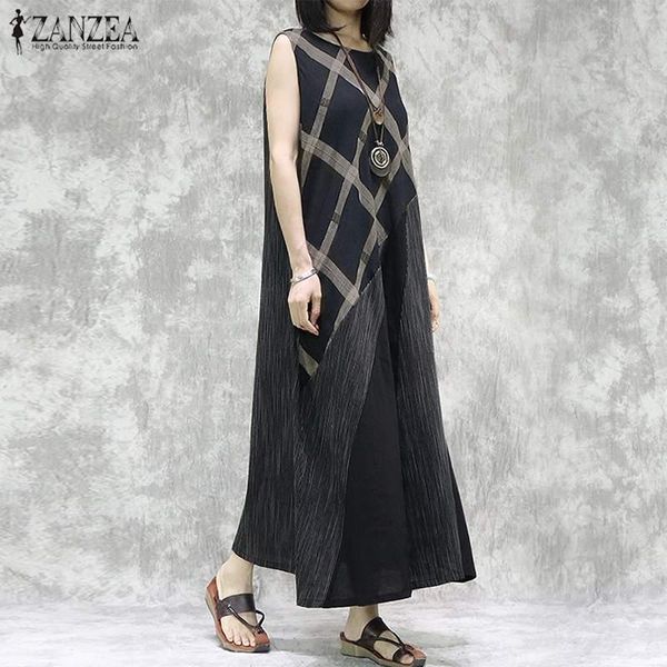 

casual dresses retro striped maxi dress women's summer sundress zanzea sleeveless tank vestidos female patchwork robe femme oversized, Black;gray