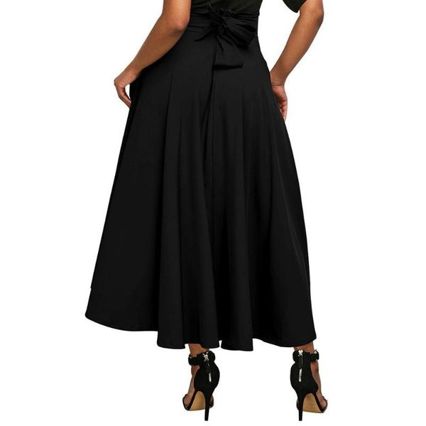

skirts eas-women solid high waist pockets flared pleated long skirt with belt ladies slit maxi beach boho vintage summer big s, Black