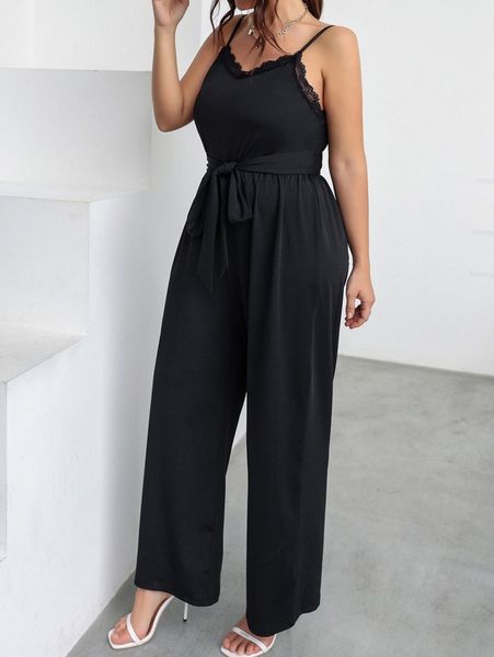 

plus eyelash lace trim belted cami jumpsuit e5wm#, Black