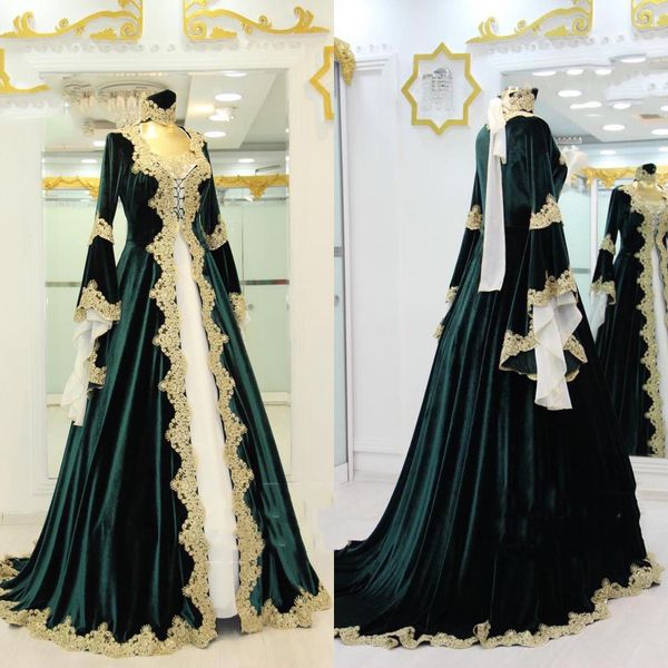 Elegante velluto verde e bianco Marocco Kaftan abiti da sera formale Appliques pizzo maniche lunghe islamica Dubai Prom Dress Sweep Train A Line Special Occasioni