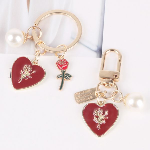 

10pieces/lot fashion baroque imitation pearl chain rose keychains red heart tag angel sculpture alloy keychain bag pendant keyring gifts, Silver