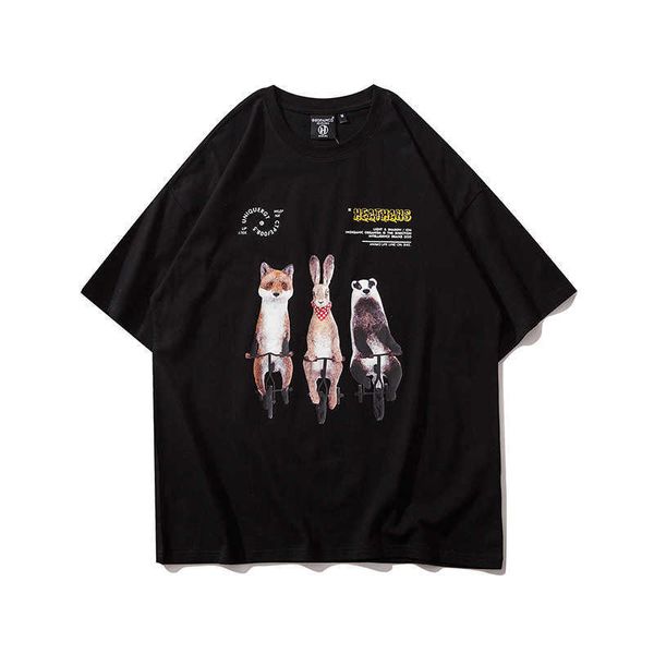 Hip Hop T Shirt Homens Streetwear 3 Cães Passeio Bicicleta Impresso T-shirt Harajuku Verão Preto De Algodão de Manga Curta Tshirt 210527