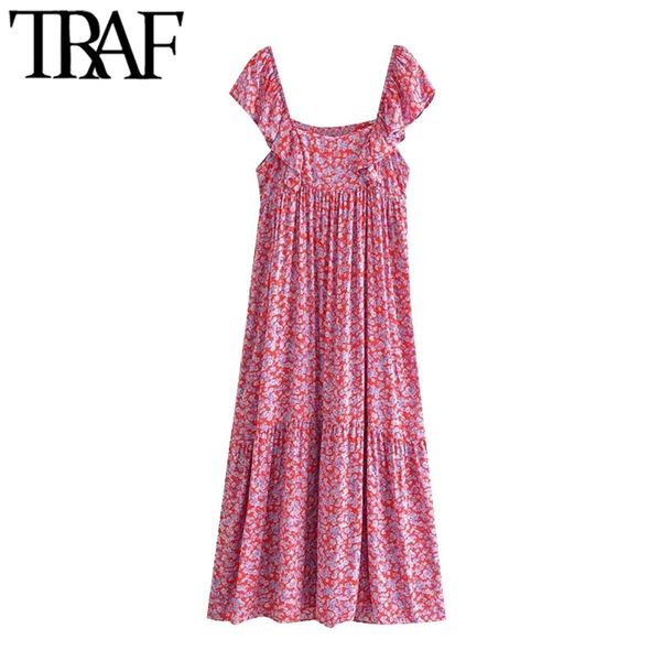 

women chic fashion floral print ruffled midi dress vintage cape sleeves side zipper female dresses vestidos mujer 210507, Black;gray