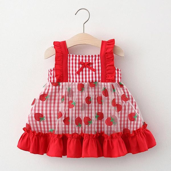 

girl's dresses children dress toddler baby kids girls ruffles ruched strap strawberry princess party casual clothes costume, Red;yellow