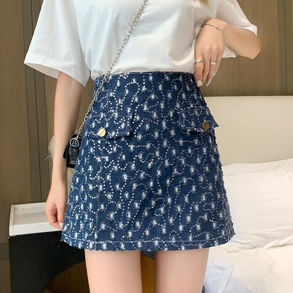

high waist a-line skirts women summer streetwear chic sequins design slim denim skirt elegant ladies, Black