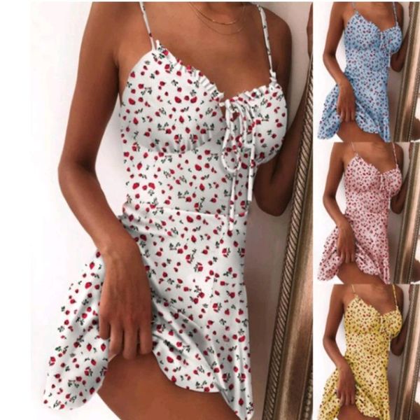 

casual dresses summer v neck floral print dress women ruffle party mini lace-up backless bohemian beachwear vestidos robe femme, Black;gray