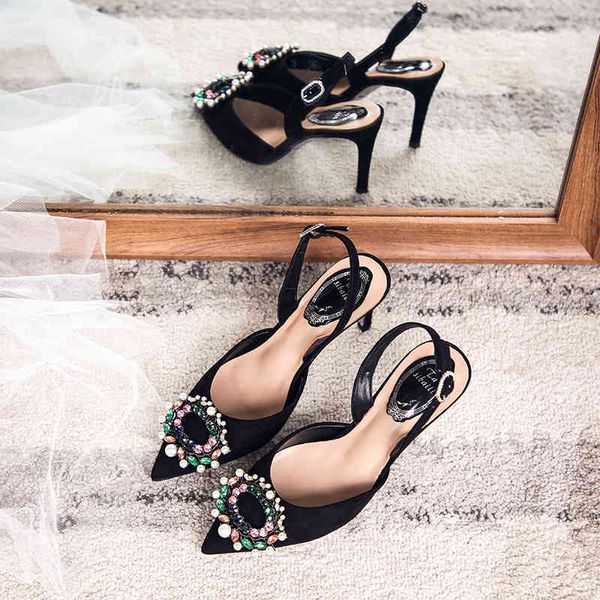 

sandals 2021 summer pointed toe banquet sandals female stiletto heels with wild hollow pearl buckle bridal single wedding shoe, Black