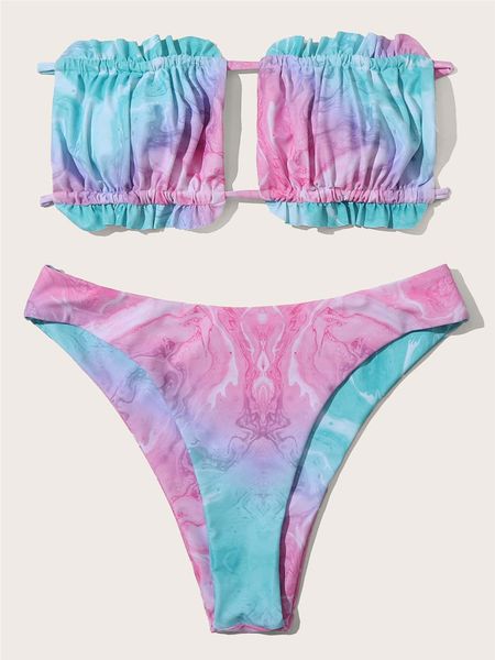 

pink blue tie dye print bikini ruches bikinis women brazilian swimsuit summer swimming suit for women bathing suits 2021in