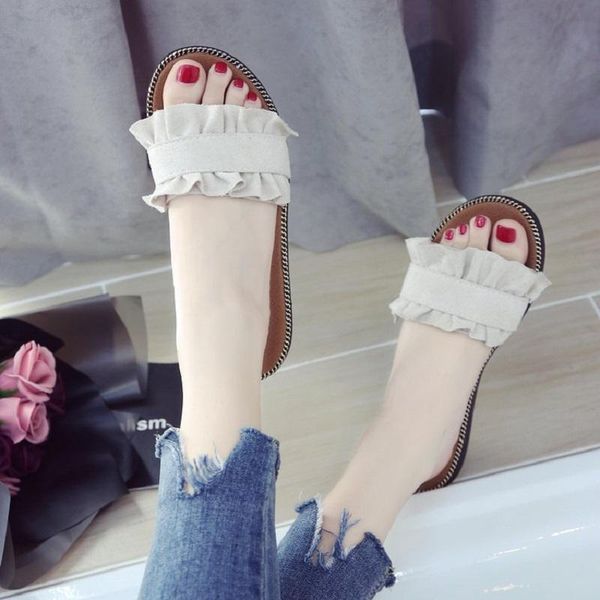 

slippers 2021 summer sweet bow lace flat with open toe one word drag lazy outside wearing sandals and women, Black
