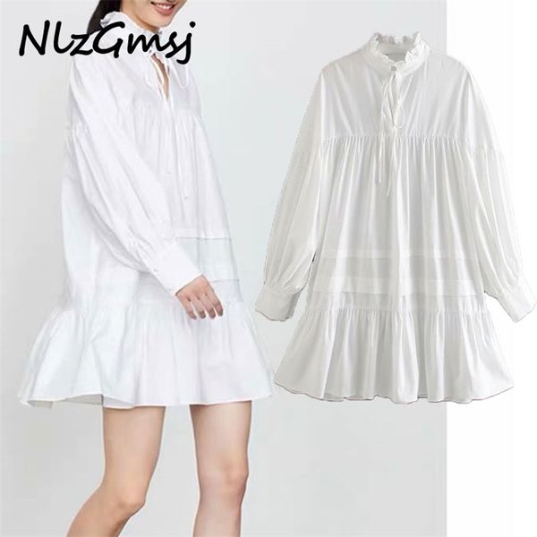 

dres spring summer solid white splicing pleated a line stand full knee-length dresses for 210628, Black;gray