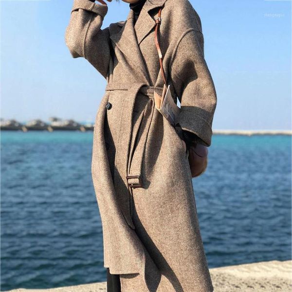 

women's wool & blends zoulv solid color long sleeve overcoat female coat elegant lapel turn-down collar trench jacket, Black