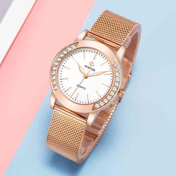 Wwoor Luxo Diamante Senhoras ES 2021 Melhor Marca Moda De Quartzo Pulso Rose Gold Malha Band Bracelet relógio para mulheres