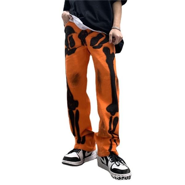 

men's jeans original graffiti skull print ripped for men straight oversize casual denim trousers high street loose distressed pants, Blue